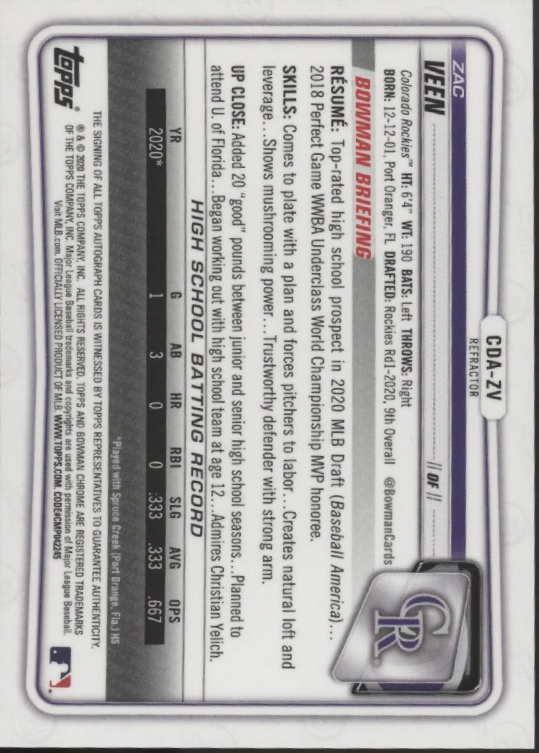 Zac Veen 2020 Bowman Chrome Prospects Refractor Auto 497/499 #CDA-ZV