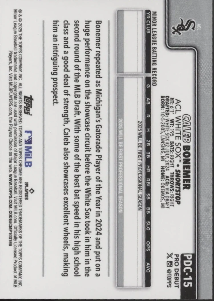 Caleb Bonemer 2025 Topps Chrome Pro Debut Gold Refractor 50/50 #PDC-15