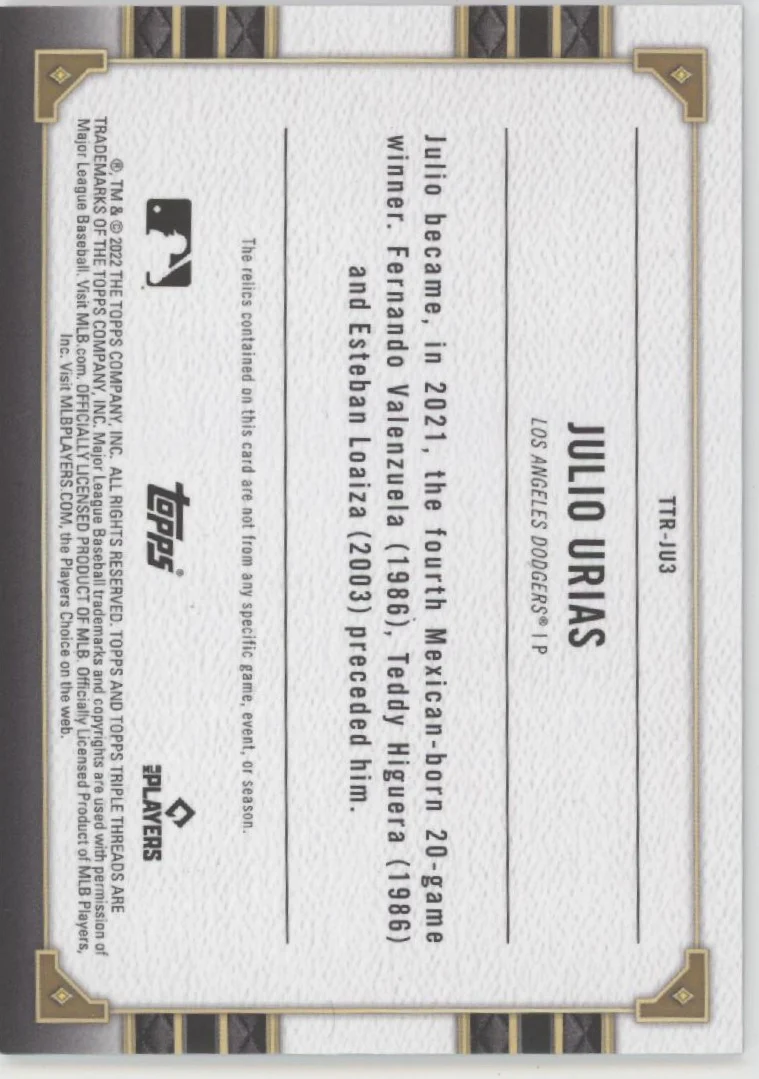 2122-julio-urias-2022-topps-triple-threads-purple-swatch-16-27-ttr-ju3-2.webp Julio Urias 2022 Topps Triple Threads Purple Swatch 16/27 #TTR-JU3