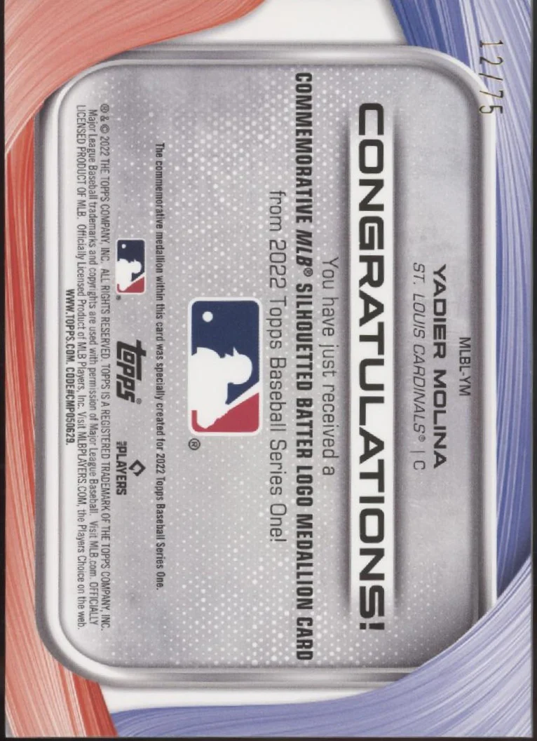 2127-yadier-molina-2022-topps-series-1-commemorative-silhouetted-gold-logo-medallion-12-75-2.webp Yadier Molina 2022 Topps Series 1 Commemorative Silhouetted Gold Logo Medallion 12/75