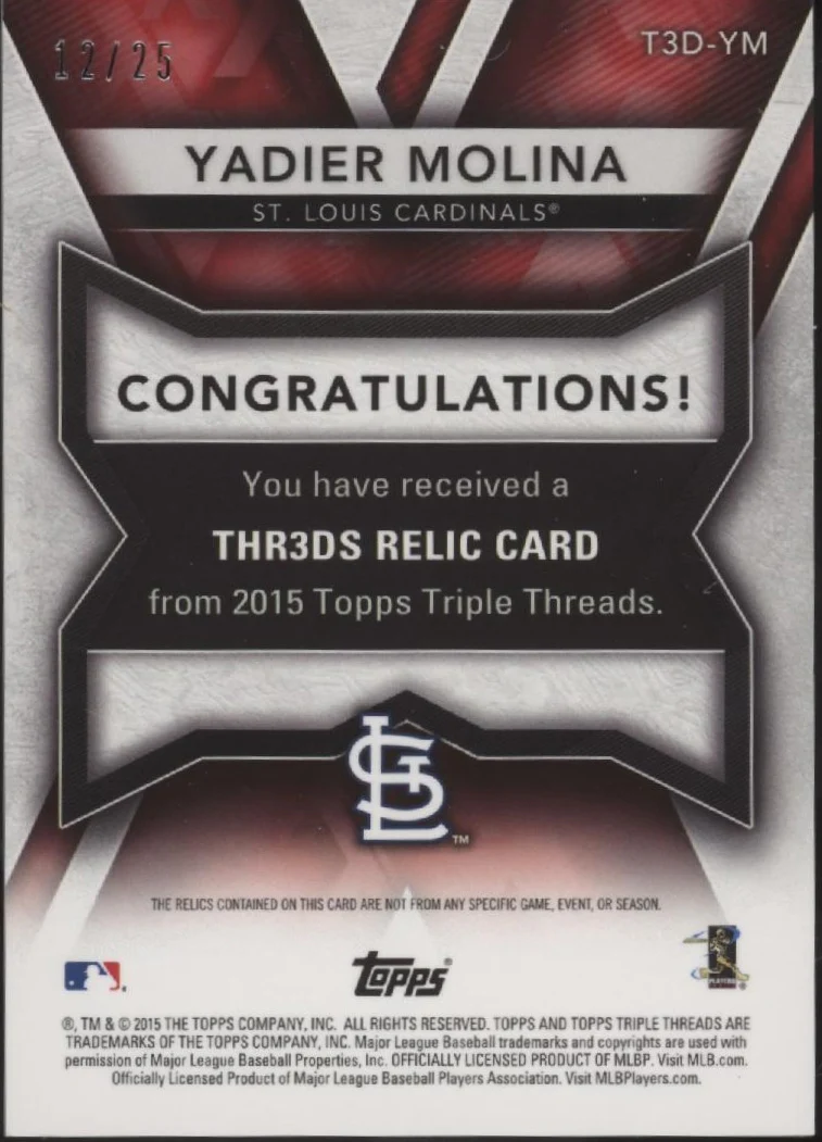 Yadier Molina 2015 Topps Triple Threads 3D Swatch 12/25 #T3D-YM
