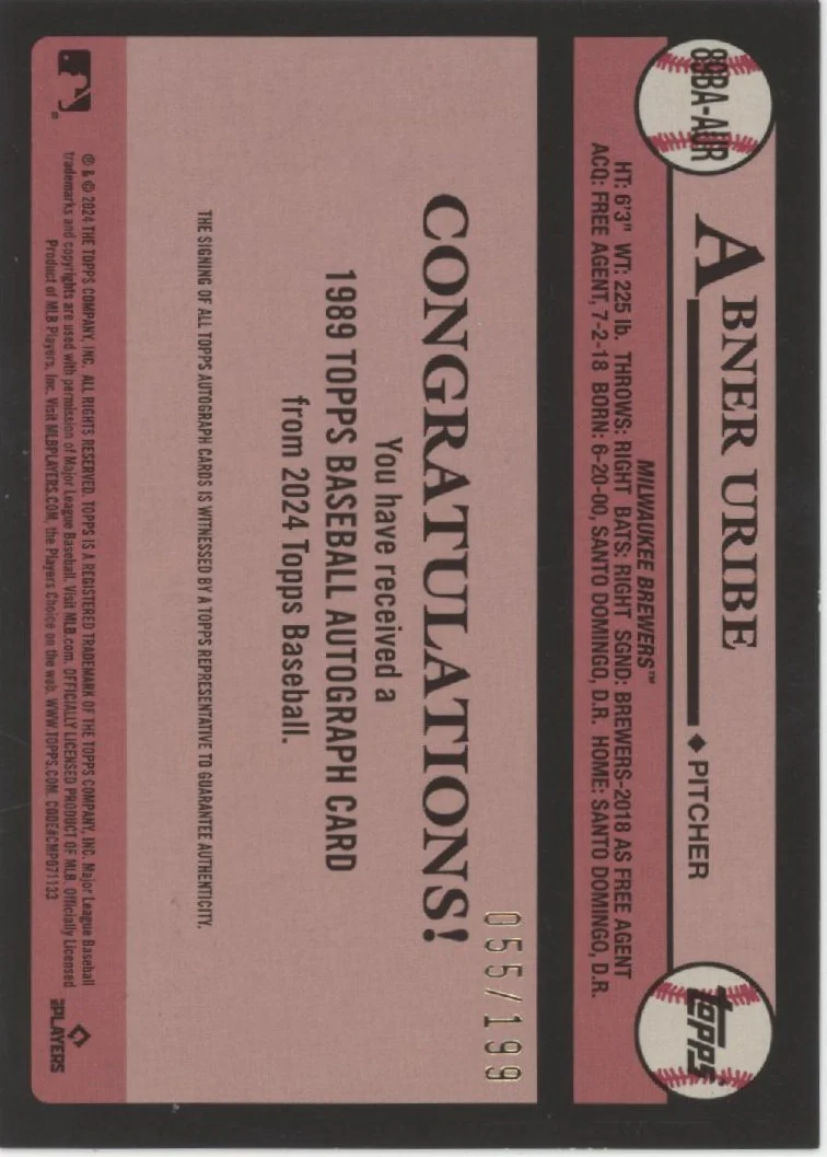 Abner Uribe 2024 Topps 35th Anniversary '89 Black Border RC Auto 055/199