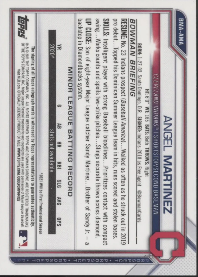 Angel Martinez 2021 Bowman Chrome Prospects Mojo Refractor Auto #BMA-AMA