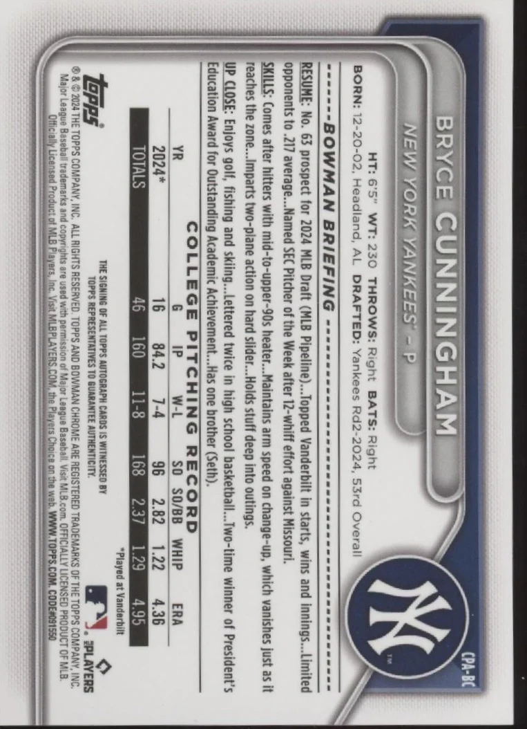 Bryce Cunningham 2024 Bowman Chrome Auto #CPA-BC