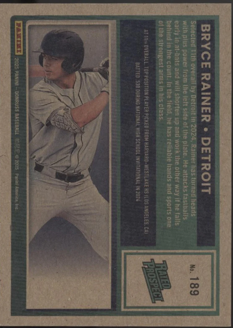 2158-bryce-rainer-2025-panini-donruss-rated-prospect-artist-proof-06-25-189-2.webp Bryce Rainer 2025 Panini Donruss Rated Prospect Artist Proof 06/25 #189