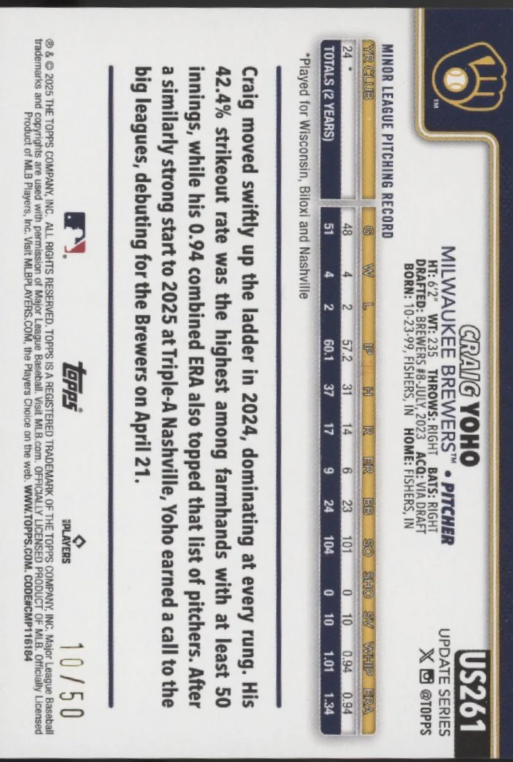 2180-craig-yoho-2025-topps-update-series-gold-holo-rc-10-50-us261-2.webp Craig Yoho 2025 Topps Update Series Gold Holo RC 10/50 #US261