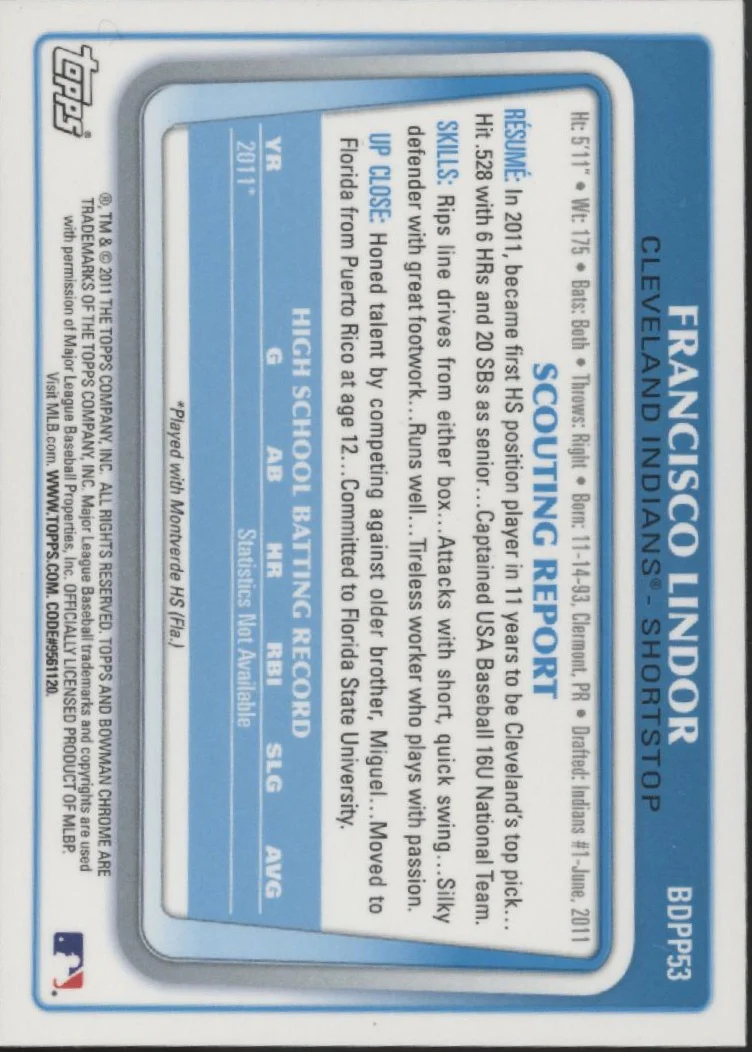 Francisco Lindor 2011 Bowman Chrome #BDPP53
