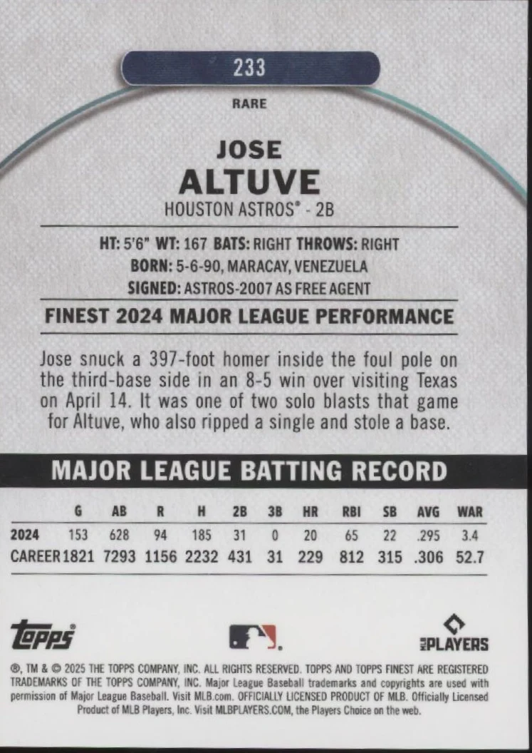 Jose Altuve 2025 Topps Finest Green Refractor 19/25 #233