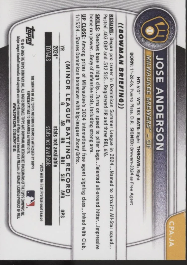 Jose Anderson 2025 Bowman Chrome Prospects Mojo Refractor Auto 085/150 #CPA-JA