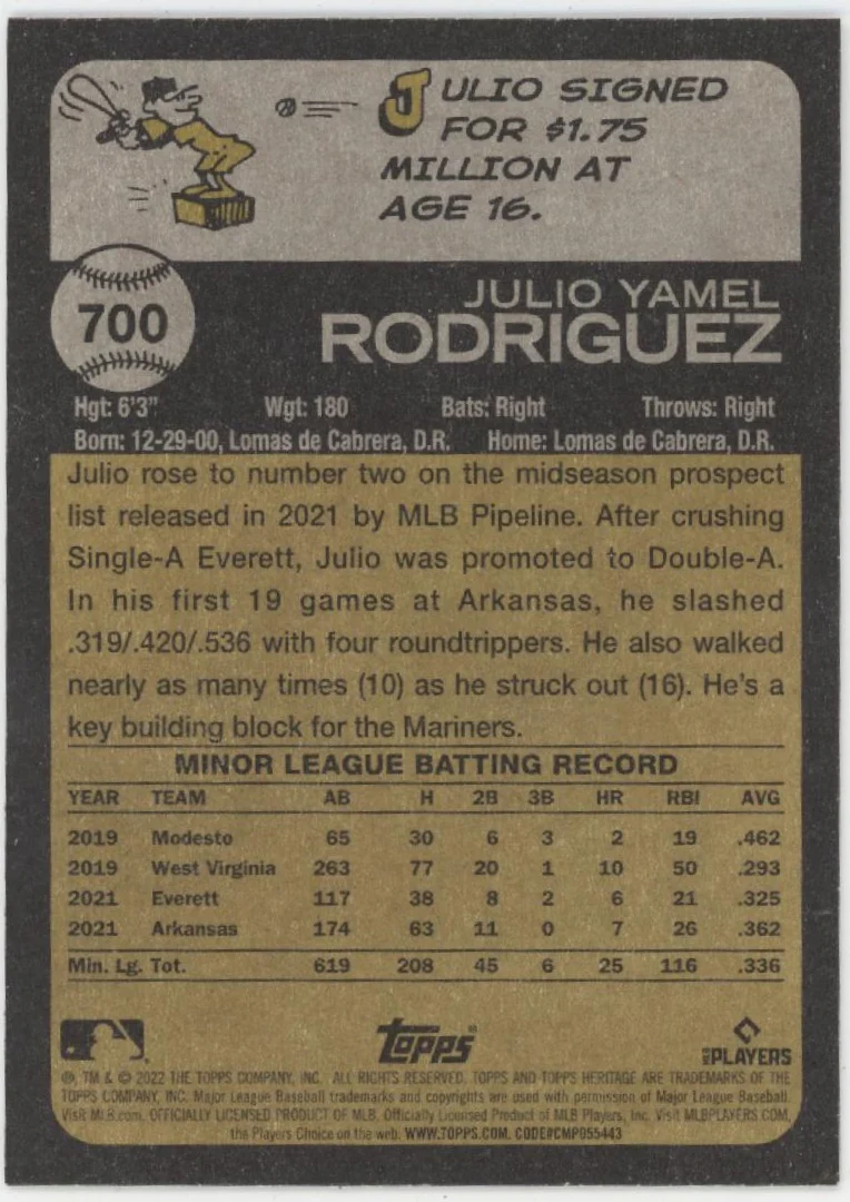 Julio Rodriguez 2022 Topps Heritage RC #700 #1