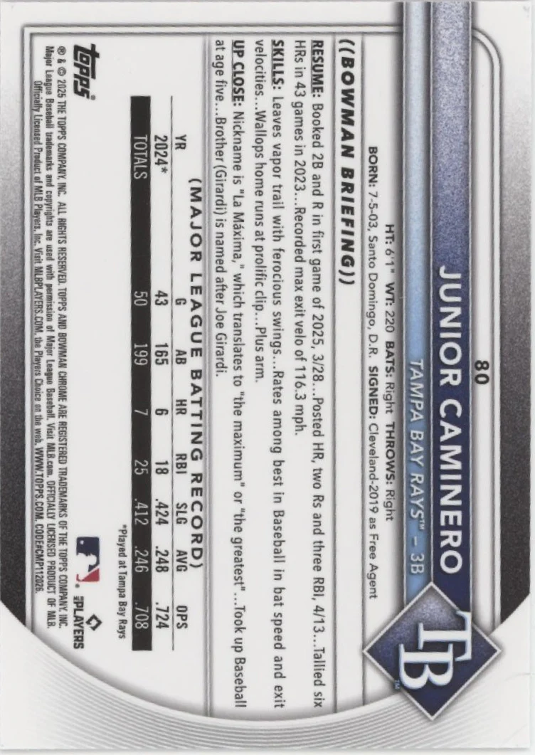 Junior Caminero 2025 Bowman Chrome Purple Refractor 151/299 #80