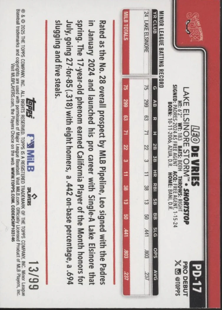 Leo De Vries 2025 Topps Pro Debut Green Holo 13/999 #PD-17
