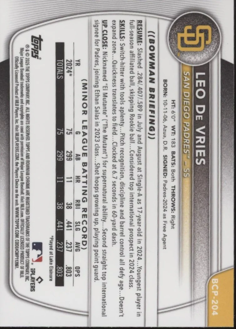 Leo De Vries 2025 Bowman Chrome Prospects Blue Refractor 050/150 #BCP-204