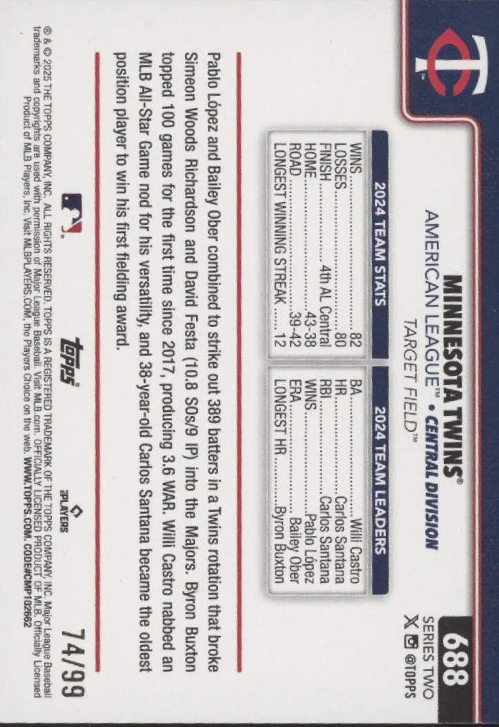 Minnesota Twins 2025 Topps Series 2 Value Box Holiday Hot Dog Holo 74/99 #688