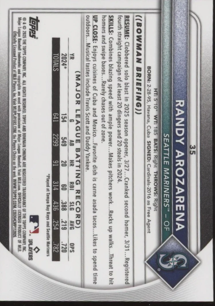 Randy Arozarena 2025 Bowman Chrome Orange Refractor 09/25 #35