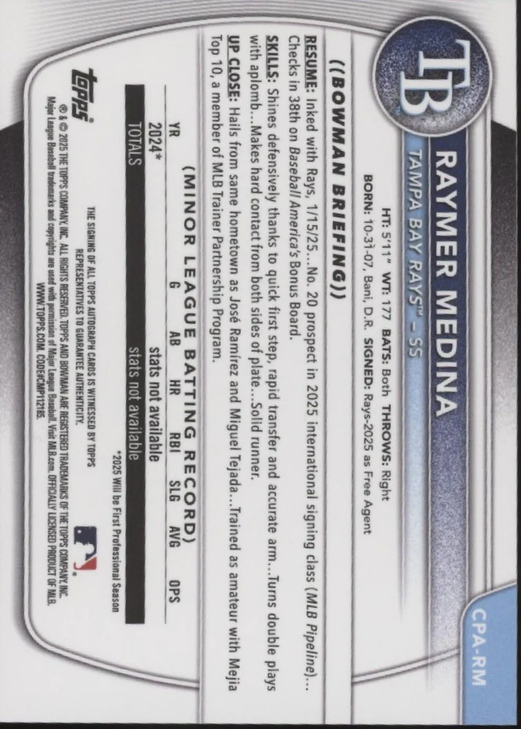 2281-raymer-medina-2025-bowman-chrome-prospects-blue-refractor-auto-087-150-cpa-rm-2.webp Raymer Medina 2025 Bowman Chrome Prospects Blue Refractor Auto 087/150 #CPA-RM