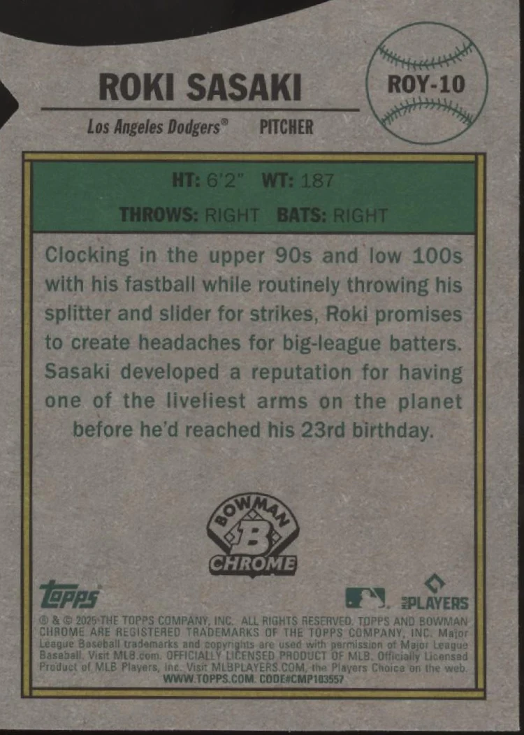 Roki Sasaki 2025 Bowman Chrome Rookie of the Year Favorites Die-Cut RC #ROY-10