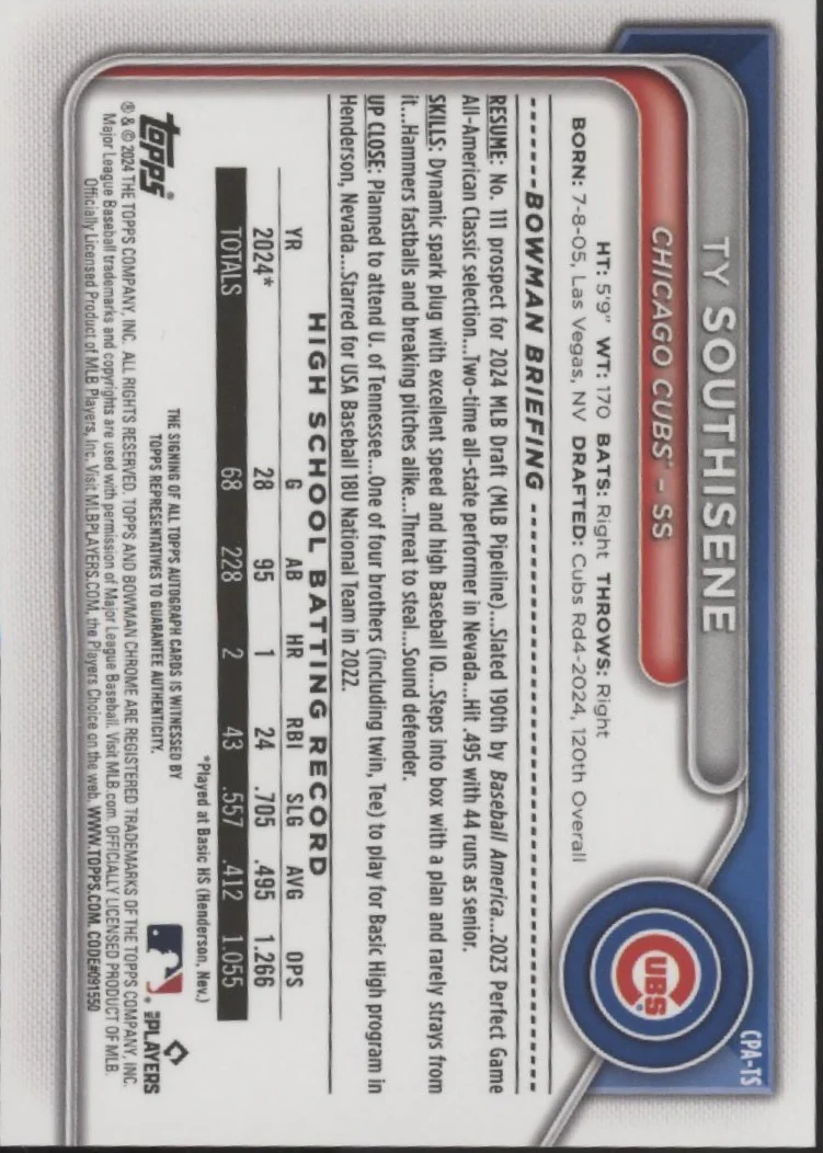 Ty Southisene 2024 Bowman Chrome Auto #CPA-TS