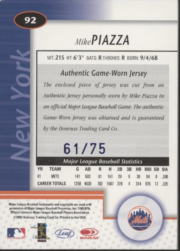 2307-mike-piazza-2002-leaf-certified-mirror-blue-swatch-61-75-92-2.webp Mike Piazza 2002 Leaf Certified Mirror Blue Swatch 61/75 #92
