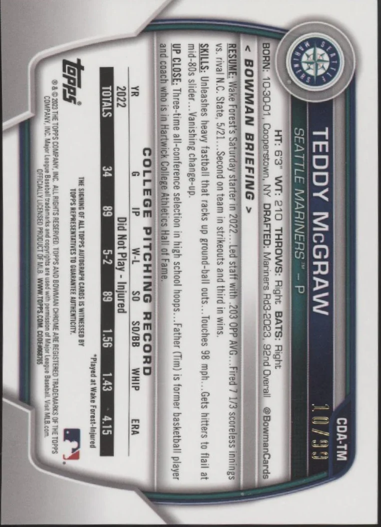 Teddy McGraw 2023 Bowman Chrome Green Refractor Auto 10/99 #CDA-TM
