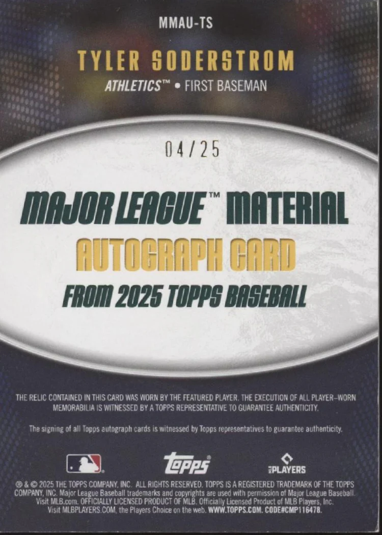 Tyler Soderstrom 2025 Topps Major League Material Swatch Auto 04/25