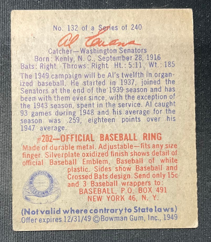 2334-al-evans-1949-bowman-132-washington-senators-ex-2.jpg Al Evans 1949 Bowman #132 Washington Senators EX