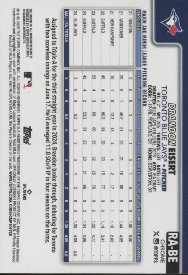 Brandon Eisert 2025 Topps Chrome Gold Refractor RC Auto 29/50 #RA-BE