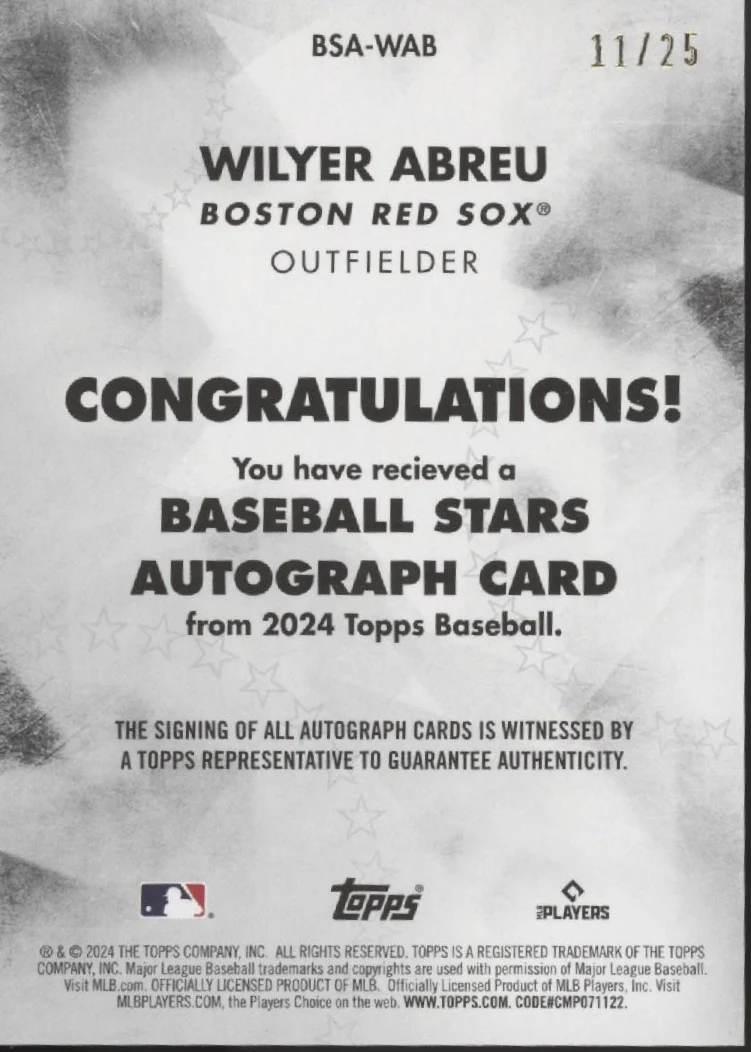 Wilyer Abreu 2024 Topps Series 1 Red Star RC Auto 11/25 #BSA-WAB