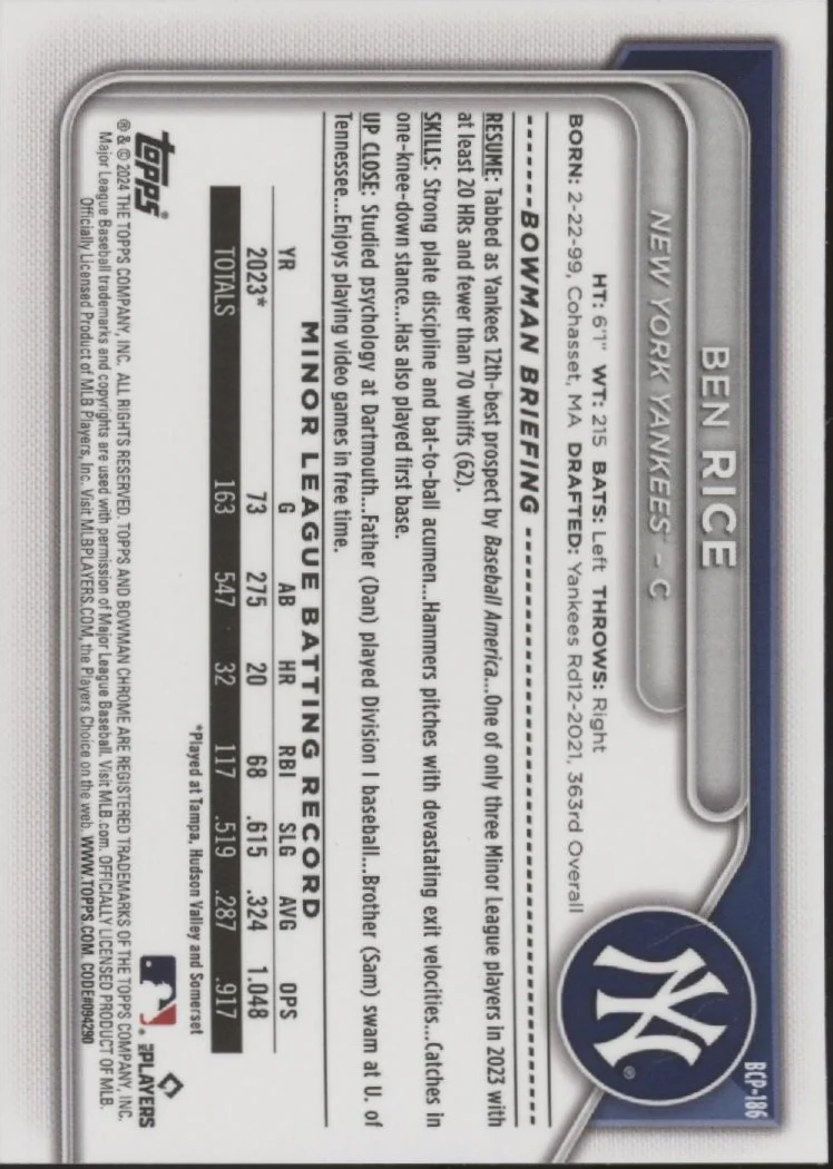 2354-ben-rice-2024-bowman-chrome-mojo-refractor-bcp-186-2.webp Ben Rice 2024 Bowman Chrome Mojo Refractor #BCP-186