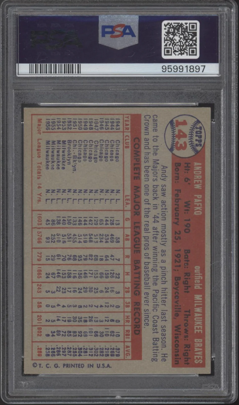 Andy Pafko 1957 Topps #143 PSA 7