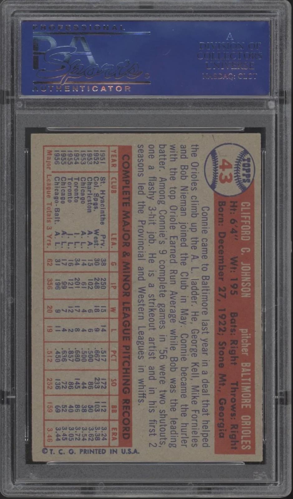 Connie Johnson 1957 Topps #43 PSA 7