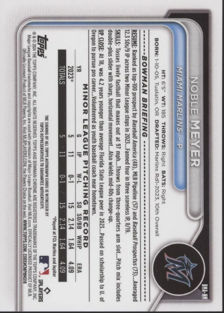 Noble Meyer 2024 Bowman Chrome Purple Mojo Refractor Auto 127/199 #BMA-NM