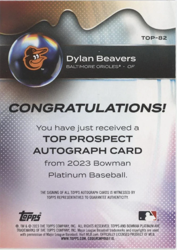 Dylan Beavers 2023 Bowman Platinum Auto #TOP-82