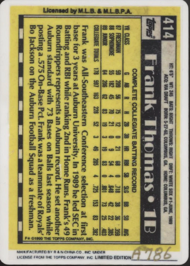 Frank Thomas 1990 Topps Draft Pick Porcelain Card #414