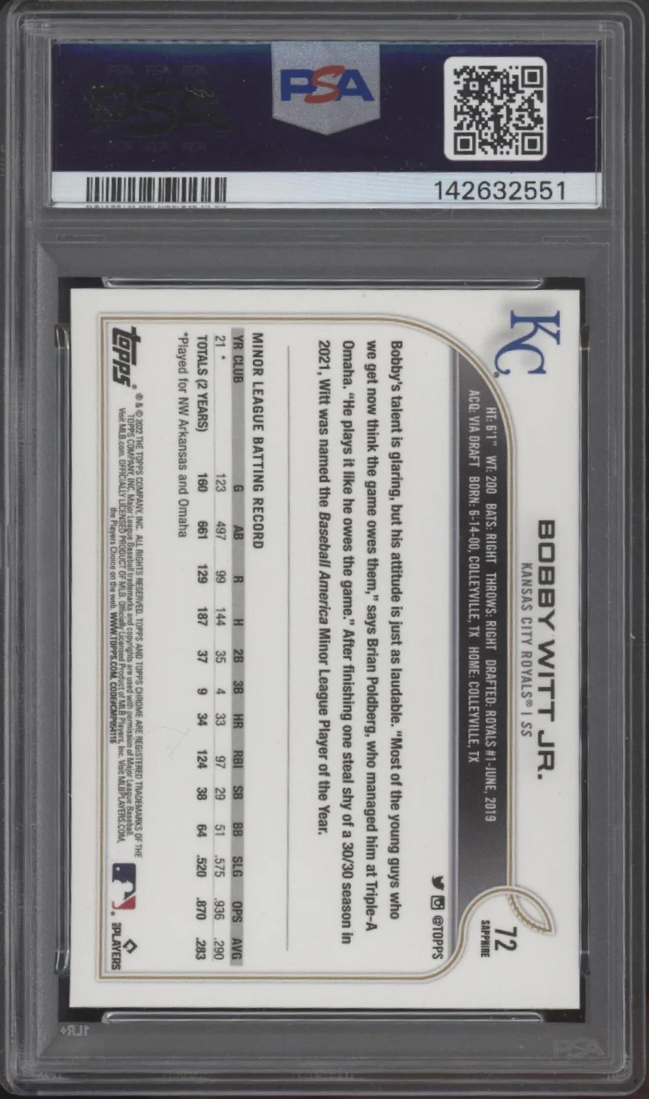 Bobby Witt Jr. 2022 Topps Chrome Sapphire Edition RC #72 PSA 10