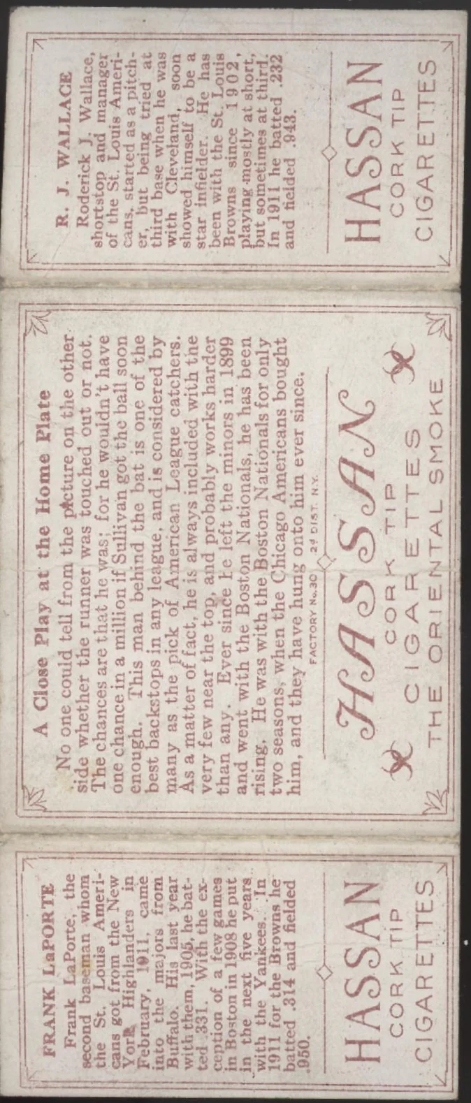 2431-frank-laporte-rj-wallace-1912-hassan-triple-fold-a-close-play-at-home-plate-pr-2.webp Frank LaPorte RJ Wallace 1912 Hassan Triple Fold A Close Play at Home Plate PR