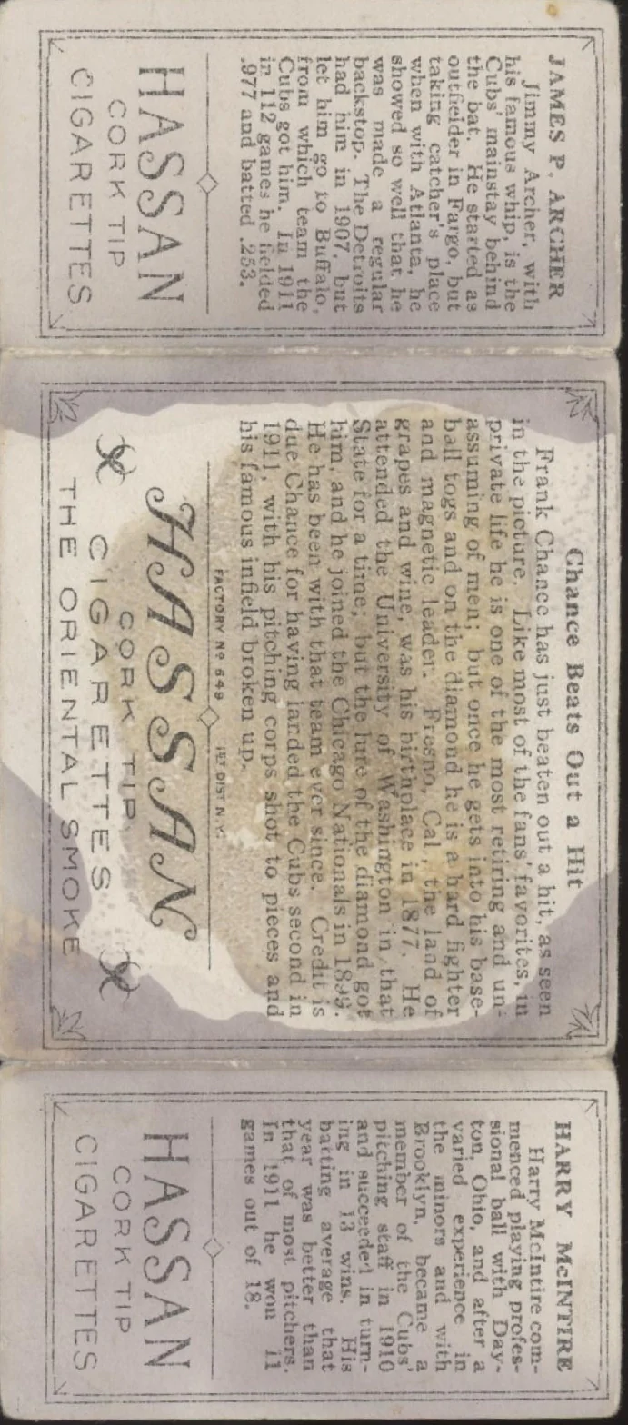 James Archer Harry McIntire 1912 Hassan Triple Fold Chance Beats Out a Hit PR