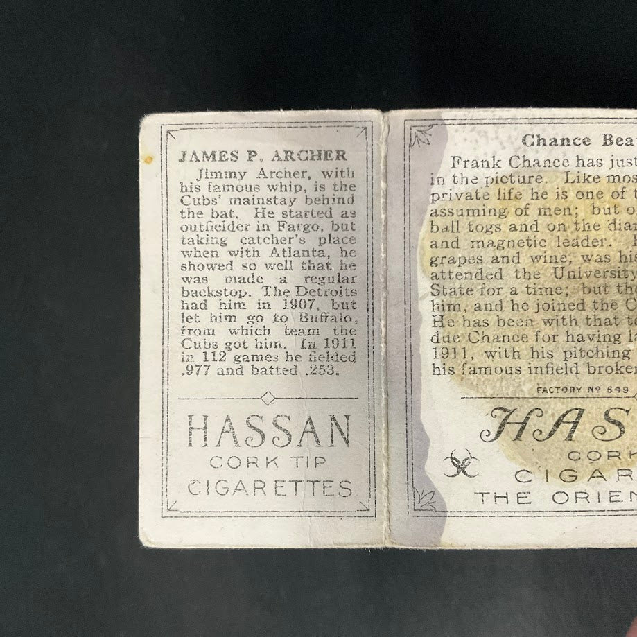 James Archer Harry McIntire 1912 Hassan Triple Fold Chance Beats Out a Hit PR