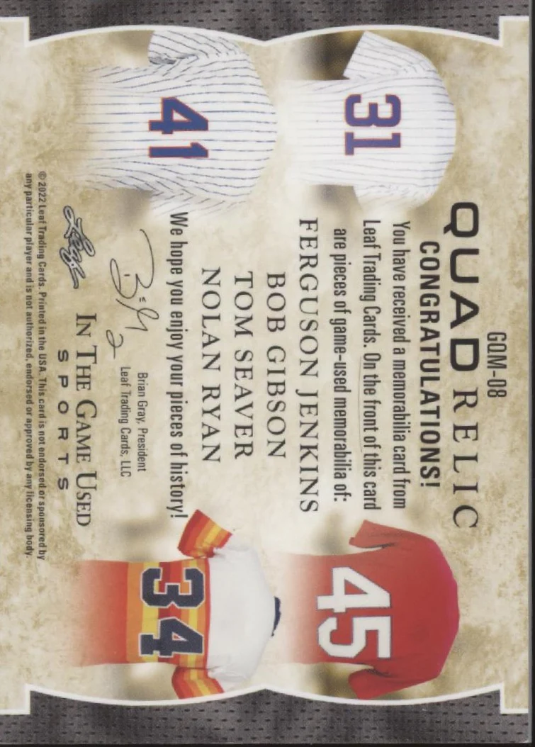 Jenkins Gibson Seaver Ryan 2022 Leaf In the Game Used Quad Relic Green 2/2