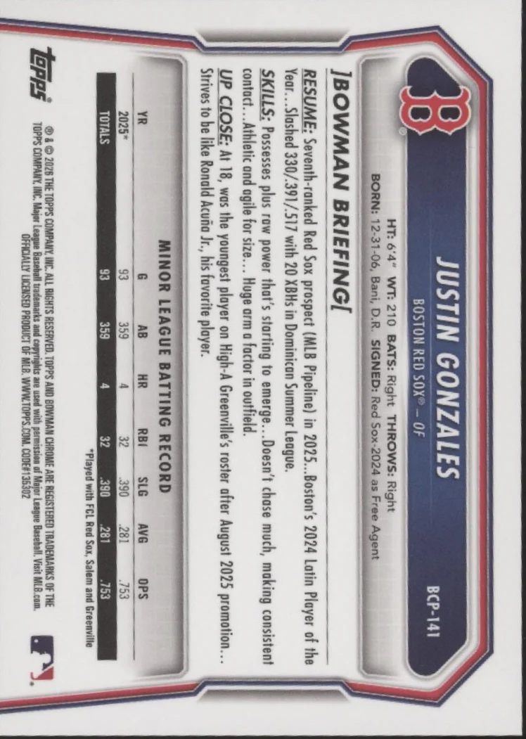 Justin Gonzales 2026 Bowman Chrome Scale Refractor #BCP-141