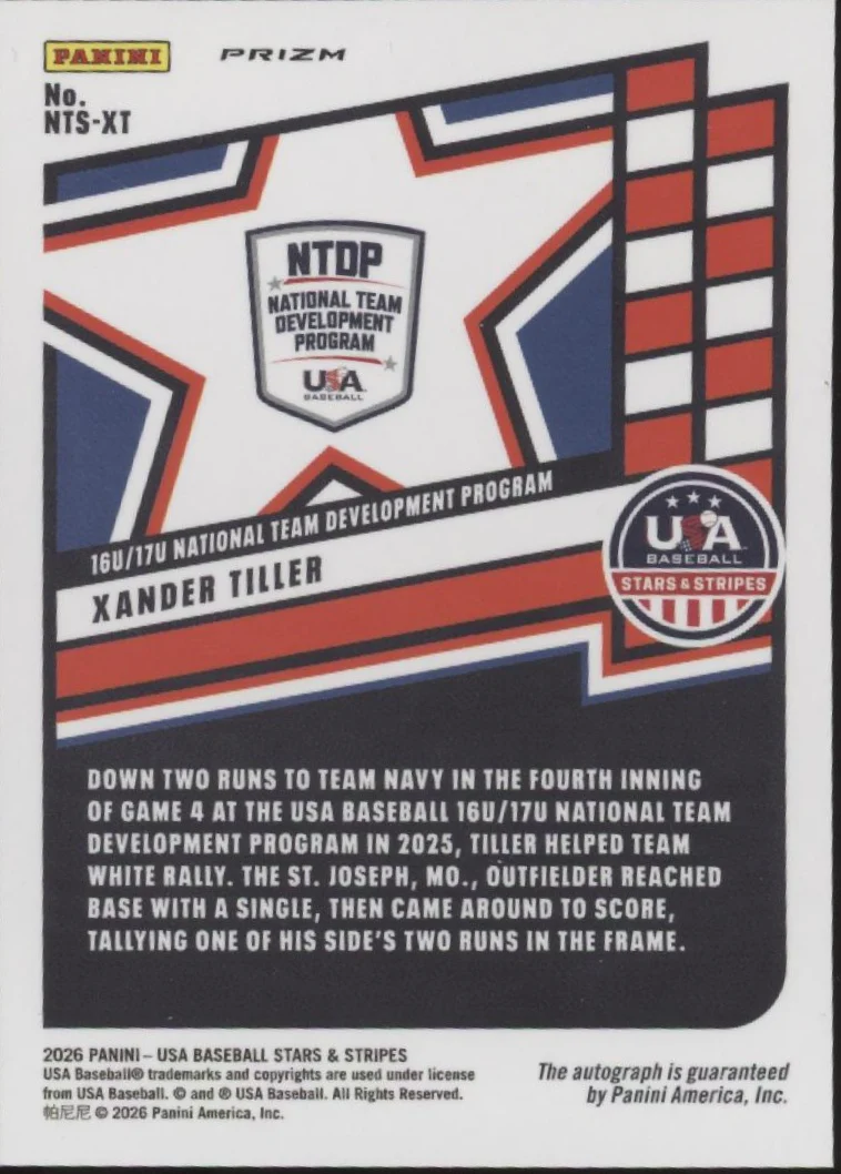 Xander Tiller 2026 Panini USA Stars & Stripes Green Prizm Auto #NTS-XT