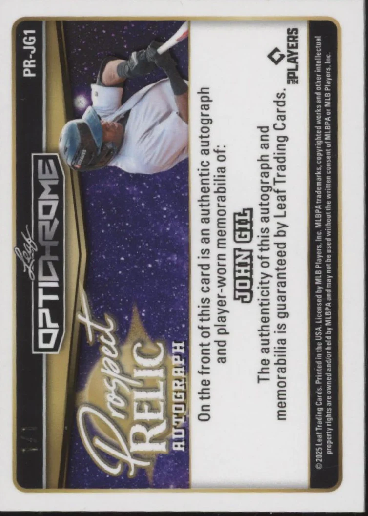 John Gil 2025 Leaf Optichrome Prospect Relic Swatch Auto 1/1 #PR-JG1