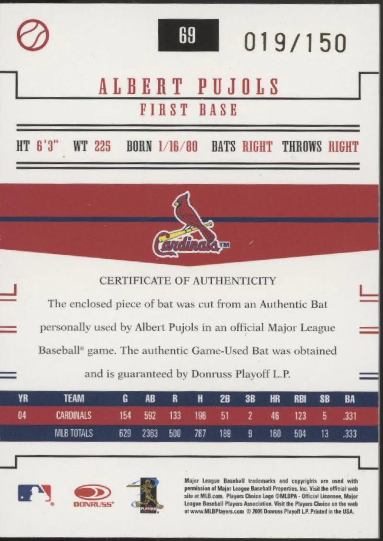Albert Pujols 2005 Donruss Prime Patches Bat Relic 019/150 #69