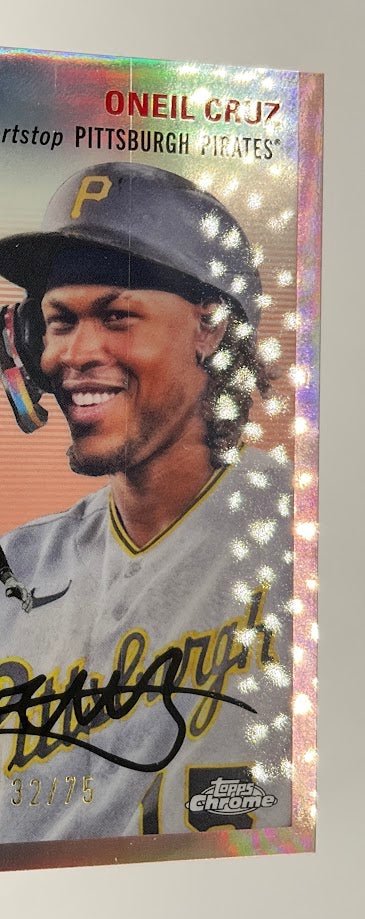 247-oneil-cruz-2023-topps-chrome-platinum-anniversary-rose-gold-refractor-32-75-395-3.jpg Oneil Cruz 2023 Topps Chrome Platinum Anniversary Rose Gold Refractor 32/75 #395
