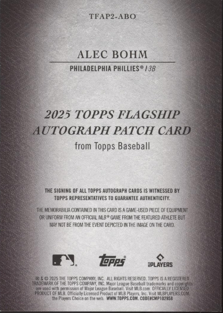 2471-alec-bohm-2025-topps-flagship-swatch-auto-22-50-tfap2-abo-2.jpg Alec Bohm 2025 Topps Flagship Swatch Auto 22/50 #TFAP2-ABO