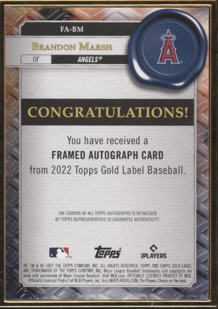 Brandon Marsh 2022 Topps Gold Label Framed Blue RC Auto 33/50 #FA-BM