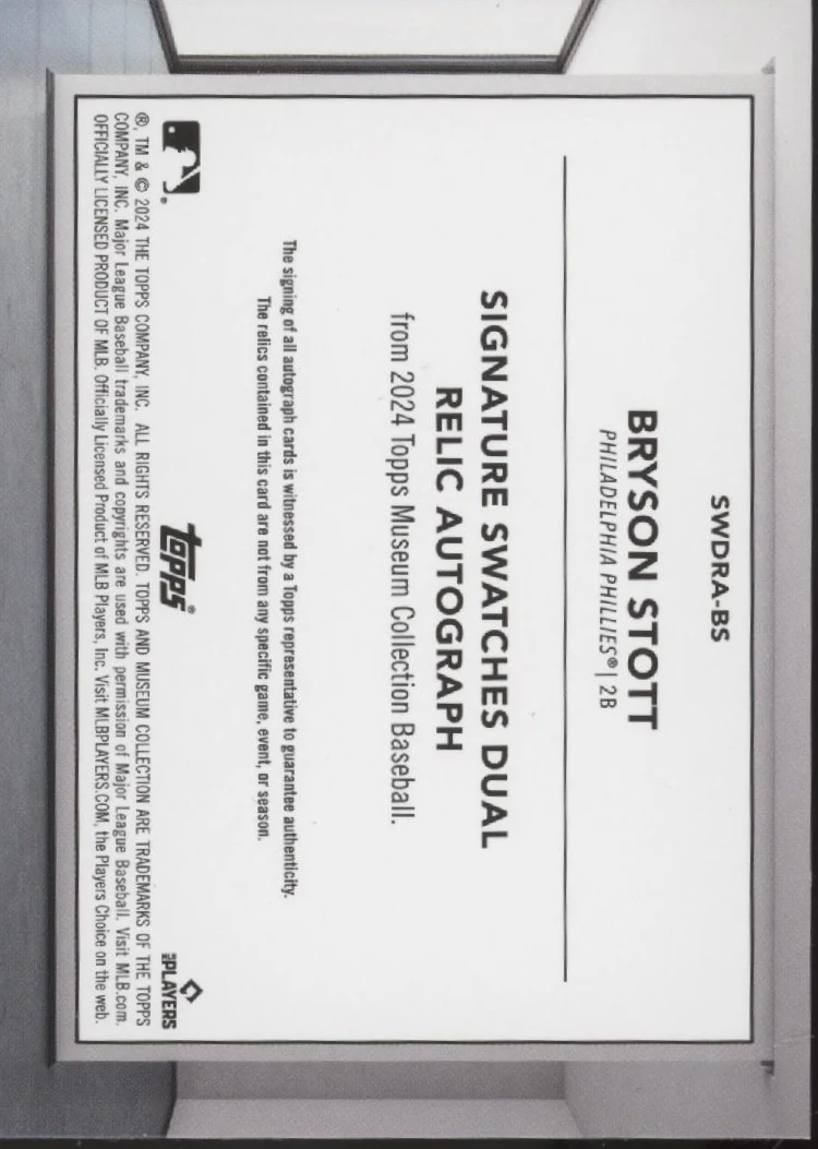 Bryson Stott 2024 Topps Museum Collection Purple Swatch Auto 36/99 #SWDRA-BS