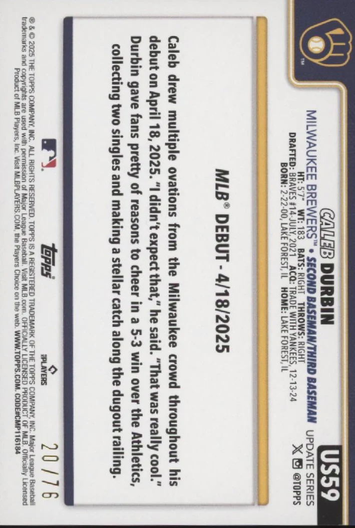 Caleb Durbin 2025 Topps Update Series Independence Day RC 20/76 #US59