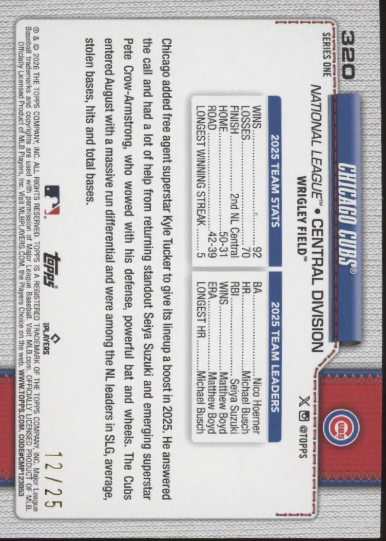Chicago Cubs 2026 Topps Series 1 Orange Holo 12/25 #320