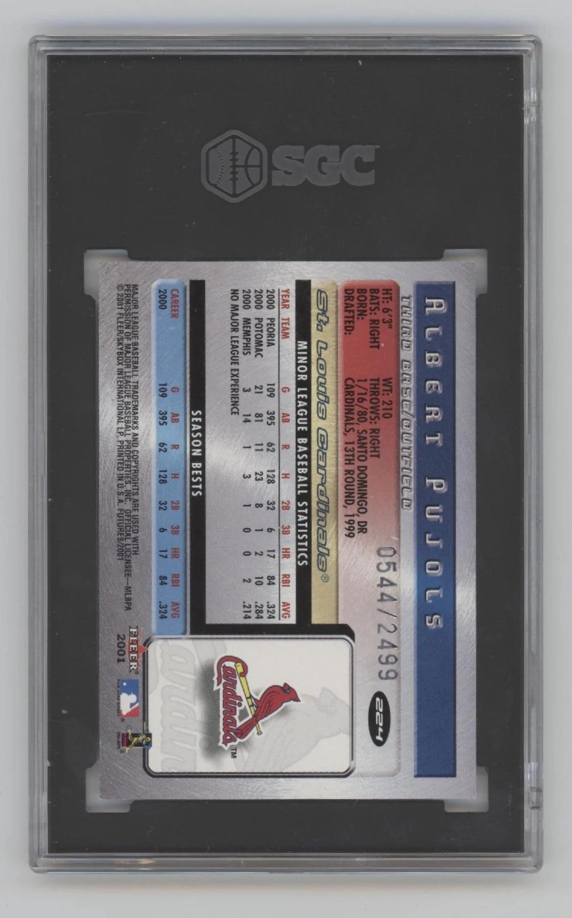 Albert Pujols 2001 Fleer Futures RC 544/2499 #224 SGC 8.5